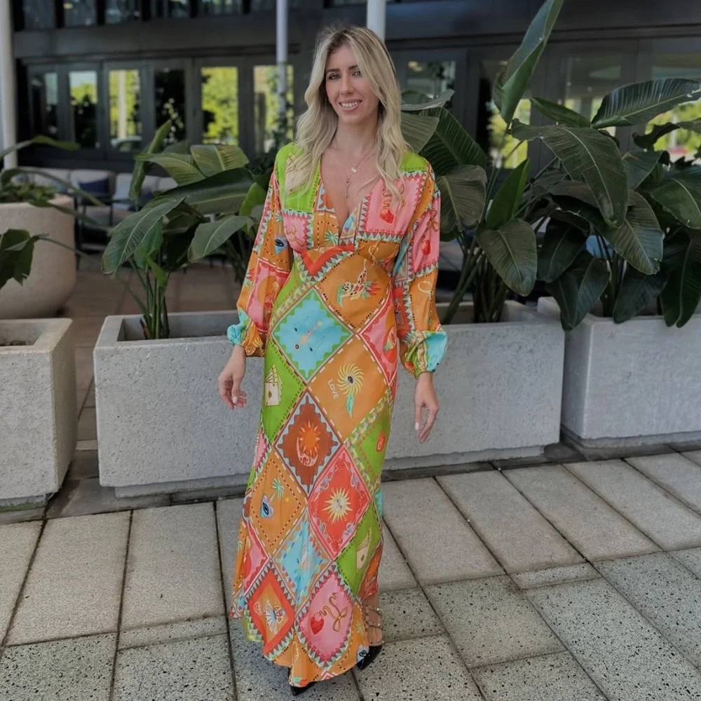Never Fully Dressed balloon sleeve midaxi dress in multi print